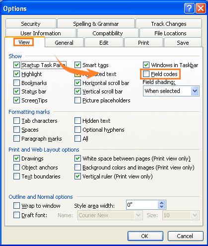 xxxx xxxx|List of field codes in Word